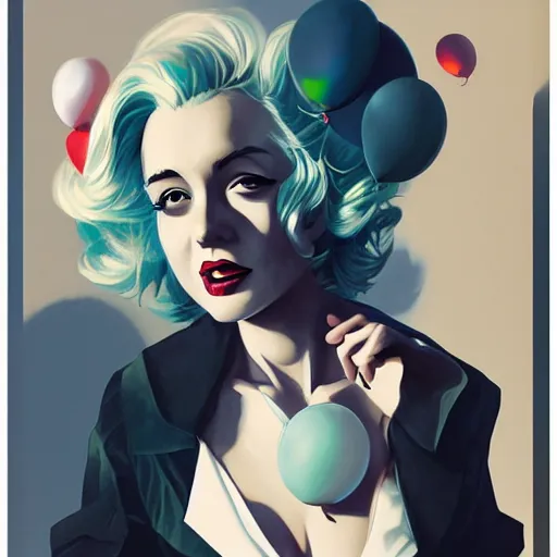 Image similar to anime skull portrait woman balloons, marilyn monroe, elegant, highly detailed, hard shadows and strong rim light, art by jc leyendecker and atey ghailan and sachin teng