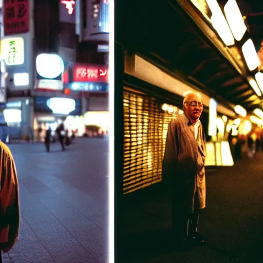 Image similar to old man in tokyo at night, wearing gold chain, gold rings, cinestill 8 0 0,