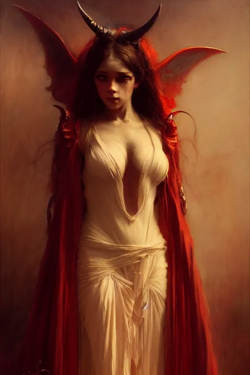 Image similar to a full body portrait of a demon girl wearing gown, high detail, cleary see face, by gaston bussiere, bayard wu, greg rutkowski, odd nerdrum, maxim verehin, realism, harsh lighting, dan dos santos, masterpiece, sharp focus, cinematic lightning