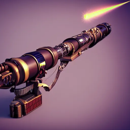 Image similar to a steampunk laser canon firing, octane render, highly detailed, trending on artstation,