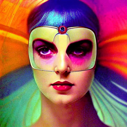 Image similar to extremely beautiful futuristic super schizophrenic psychedelic prismatic superhuman, lush detail, national geographic, steichen, herb ritts, roger deakins, anne leibovitz, alphonse mucha, art deco, sharp focus, ultra - realistic, hyperrealism, psychosis, beautiful psychotic radiant madwoman, super schizophrenic superhuman superhero, illuminated, volumetric light