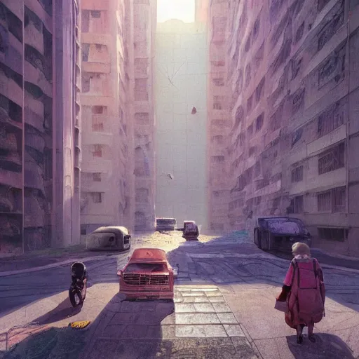 Image similar to neo brutralism, concrete pathways crossing chasms with dystopian housing, concept art, colorful, oilpainting, hyperrealistic, cgsociety, octane render, realistic depth, 3D feeling, sunlight, shadows, in the style of Mark Rothko, Edward Hopper and Akihiko Yoshida