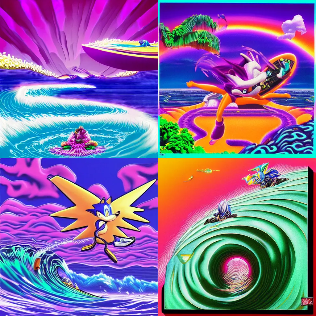 Prompt: surreal, sharp, detailed professional, high quality vaporwave airbrush art MGMT album cover of a liquid dissolving LSD DMT sonic the hedgehog surfing through a terragen landscape, purple flowing checkerboard background, 1990s 1992 Sega Genesis video game album cover