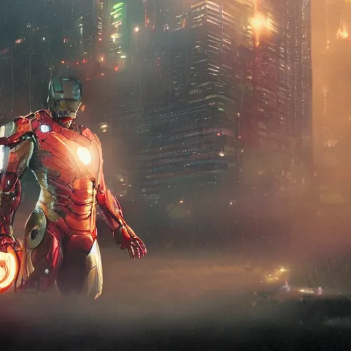 Prompt: a hyperdetailed photograph of iron man flying through the skies of a cyberpunk, futuristic city, night, dense fog, rain, hd, 8 k resolution