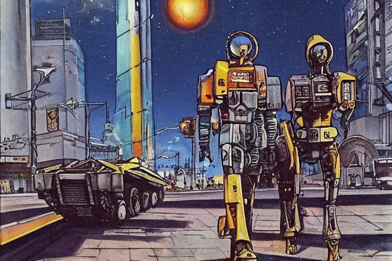 Prompt: 1 9 7 9 science fiction depicting mechwarrior walking at street level in with beautiful scenery. art by tim conrad and vic bonilla