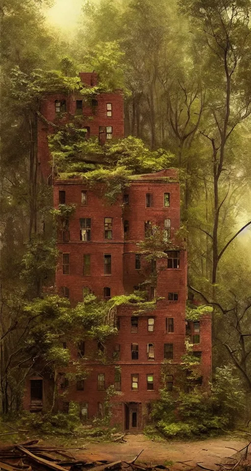 Prompt: (((((a ramshackle manhattan brick brownstone deep in the forest, completely overgrown))))) by Max Maximov!!!!!!!!!!!!!!!!!!!!!!!!!!!