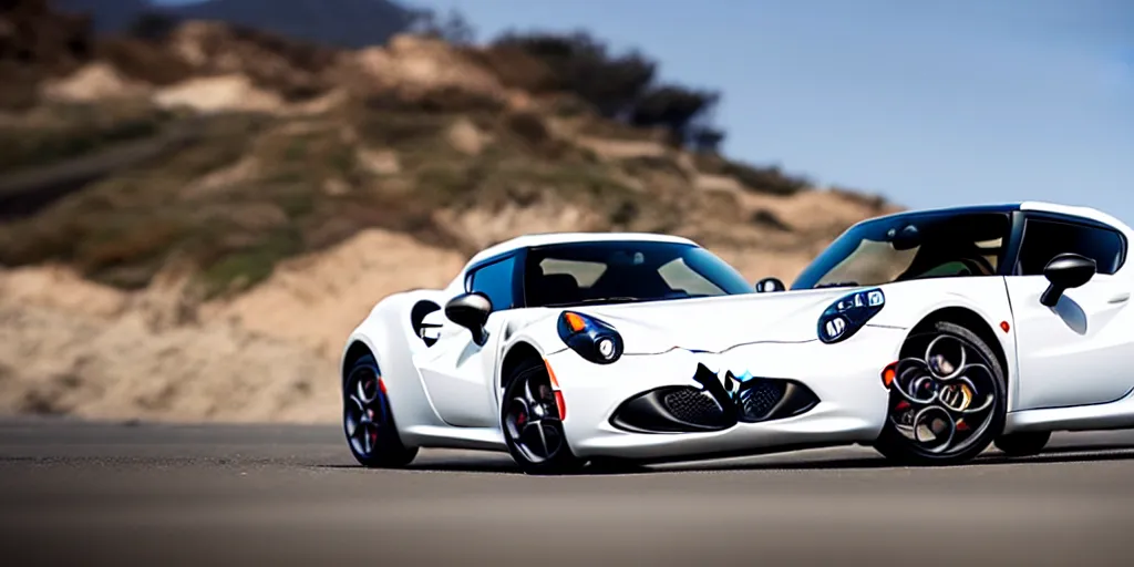 Image similar to Hot Wheels, 2015 Alfa Romeo 4C, cinematic, PCH, california coast, 8k, depth of field, bokeh.