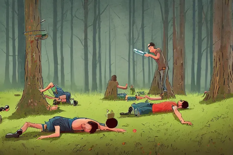 Prompt: mid - thirties guys binge drinking and hiking in a forest, one person pissing on a tree, one person is laying on the ground drunk, in the style of simon stalenhag