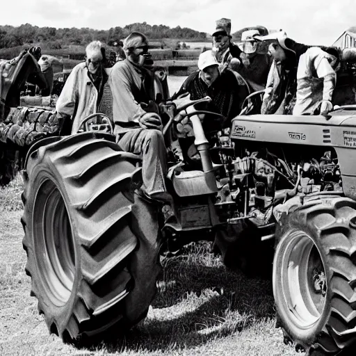 Prompt: a tractor surrounded by angry hillbillies, photograph, intense scene, dramatic
