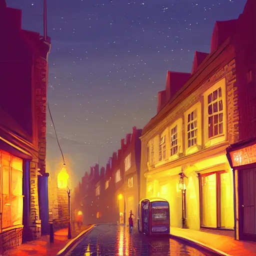 Prompt: A quaint, magical London street at night, narrow street, Stratford-upon-Avon, digital painting by Alena Aenami, trending on artstation