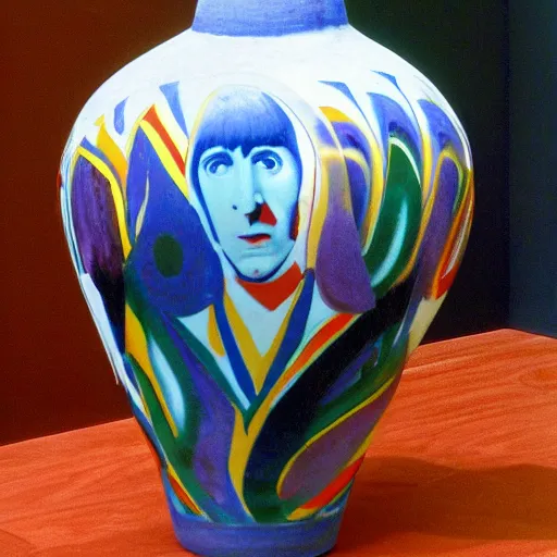 Image similar to vase work vase art of The beatles in a vase , greek art, fragmented clay firing Greek vase of The beatles