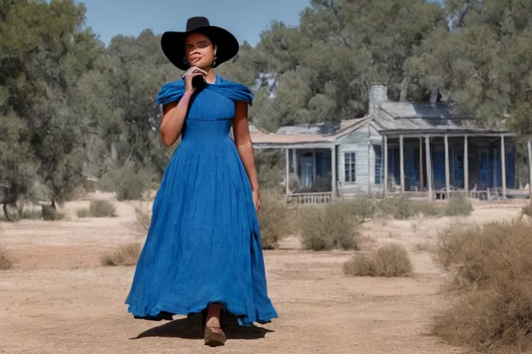 Prompt: portrait of tessa thompson wearing a blue dress on an old west plantation in westworld