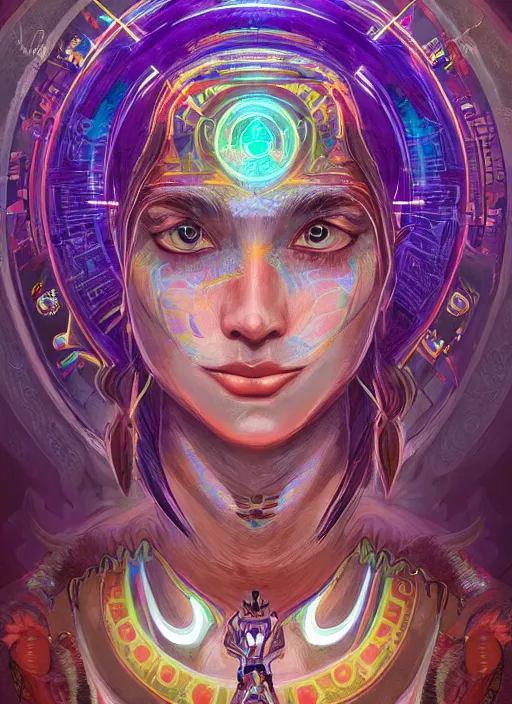 Image similar to one centered screen portrait of a future metaverse ayahuasca tech shaman warrior, 2 d cartoon, visionary art, symmetric, magick symbols, holy halo, shipibo patterns, sci - fi, concept art, trending on art station, 8 k digital art, by mandy jurgens, fantasy portrait art, anime