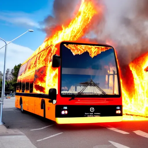 Prompt: autobus on fire with lcd screen saying 5 1 2 photorealistic. rule of thirds.