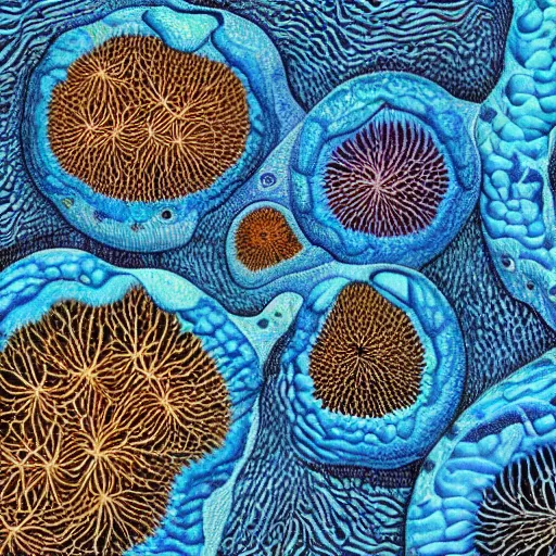 Image similar to beautiful and artistic mycelium on a fantastic planet and unusual inhabitants of the oceans, highly detailed, Pattern with optical illusion