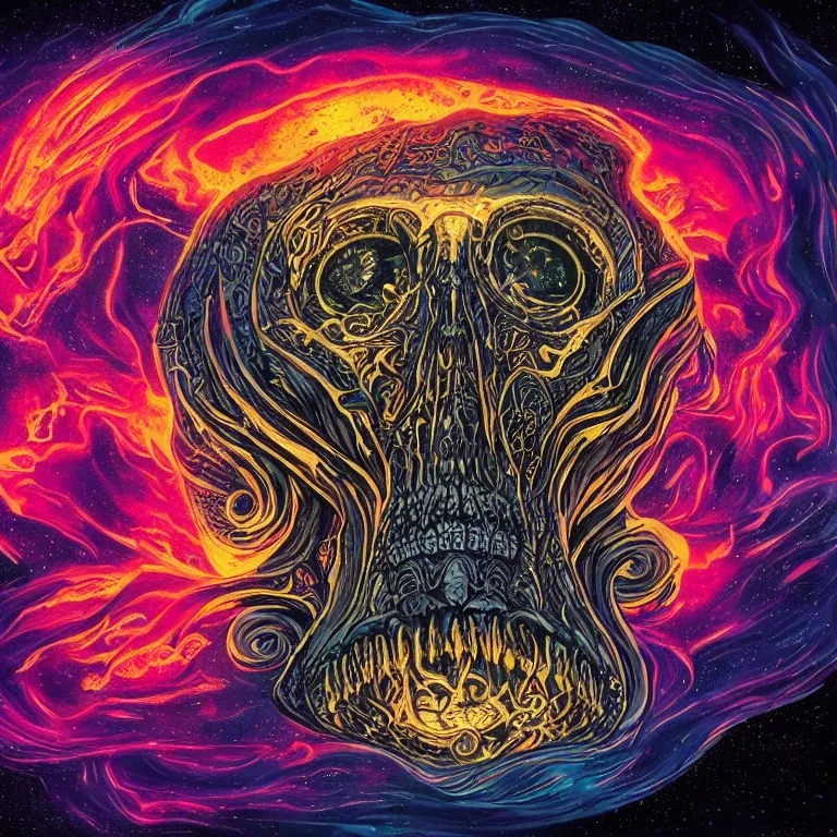 Image similar to a symmetrical composition of a giant skull with intricate rune carvings and glowing eyes with thick lovecraftian tentacles emerging from a space nebula by dan mumford, twirling smoke trail, a twisting vortex of dying galaxies, digital art, vivid colors, highly detailed