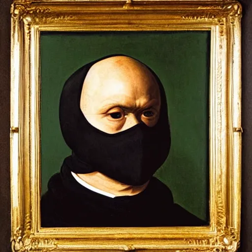 Prompt: portrait of a medieval thief wearing black balaclava mask by George Stubbs, renaissance painting, oild painting, old master