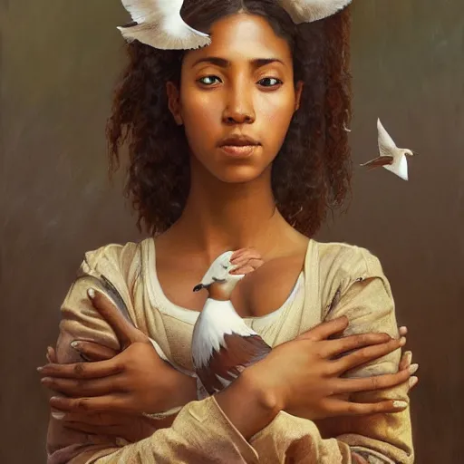 Prompt: artstation concept of a beautiful girl holding a dove, brown skin, sweaty skin, symmetrical face, casual white garment, brown canyon background, shiny colorful, hyperdetailed, artstation trending, world renowned artists, worth1000.com, historic artworks society, antique renewal, cgsociety, by greg rutkowski, by Alphonse Mucha, Deviantart