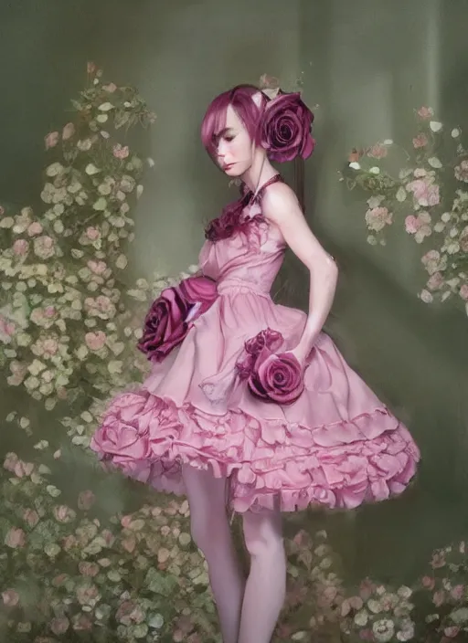 Image similar to oil painting, costume design, pink rose lolita dress, 3 d, render by maya, hyper realistic