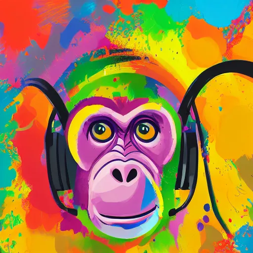 Image similar to colorful illustration of monkey in headphones, colorful splatters, by andy wrahol, by zac retz, by kezie demessance