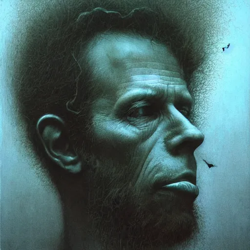 Prompt: portrait of Tom Waits by Zdzislaw Beksinski