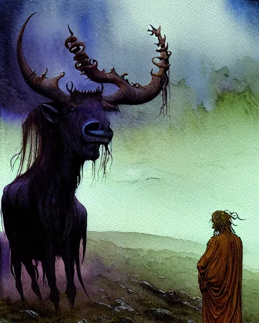 Image similar to a realistic and atmospheric watercolour fantasy character concept art portrait of a 4 0 ft. tall lovecraftian wildebeest emerging from the mist on the moors of ireland at night. by rebecca guay, michael kaluta, charles vess and jean moebius giraud