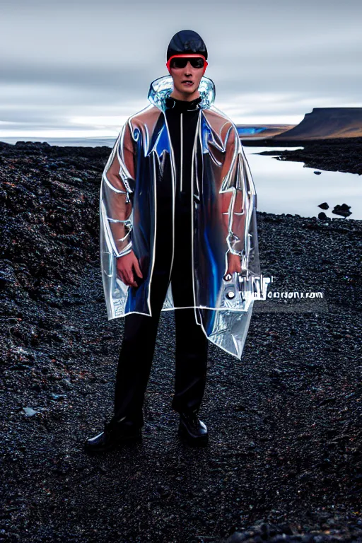 Image similar to an ultra high definition professional high fashion portrait studio full length photograph of a male model wearing a transparent pearlescent raincoat and neon visor in an icelandic black rock environment at dawn. no artefacts. extremely detailed. stark. refraction. shallow depth of field. volumetric light and shadow. ray tracing. light rays.