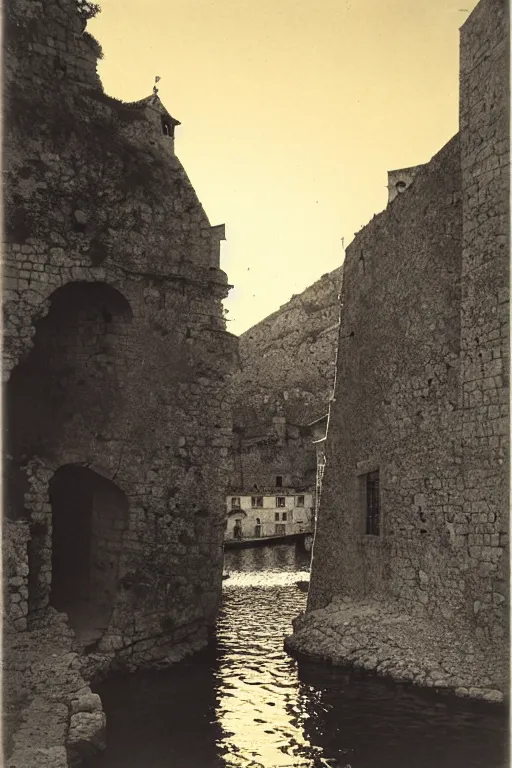 Image similar to a dark cave in the middle of an ordinary city, trogir golden hour 1 9 0 0 s photograph