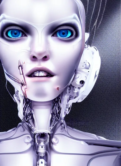 Prompt: a white cast futuristic biomechanical humanoid woman with prety face, porcelain skin, futuristic digital painting, cyberpunk, 8 k,