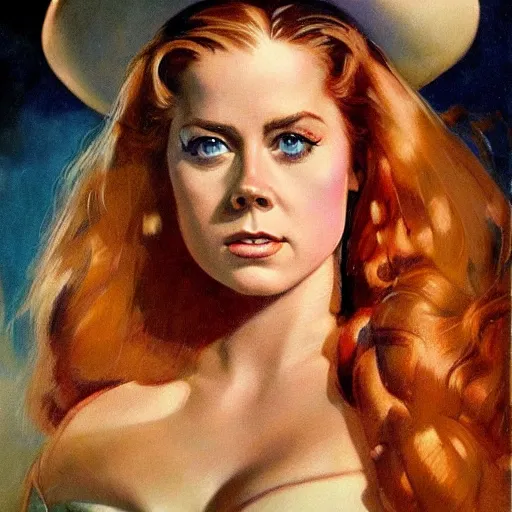 Image similar to ultra realistic portrait painting of amy adams as an android cowgirl, art by frank frazetta, vintage levi ’ s ad, stormy weather, dark vibes, 4 k, ultra realistic, highly detailed, epic lighting