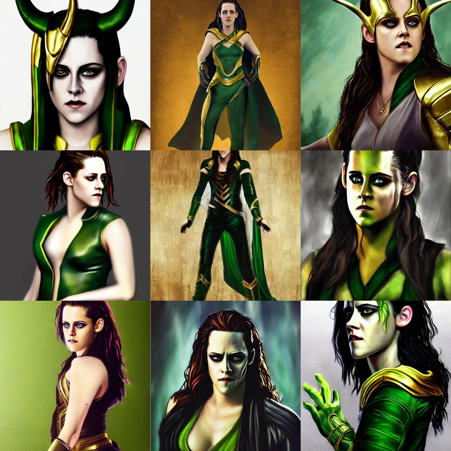 Prompt: Kristen Stewart dressed as Loki, photorealistic digital painting, full body and costume portrait