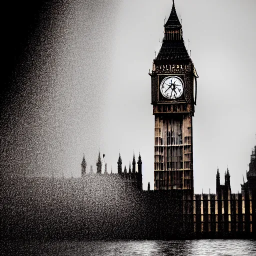 Image similar to macro photo of big ben deep underwater, dredged seabed, fish shoal, shot on gopro9, moody lighting, 8k, very very very highly detailed, hyper realistic realistic