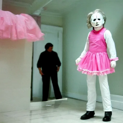 Image similar to michael myers in a cute pink maid outfit