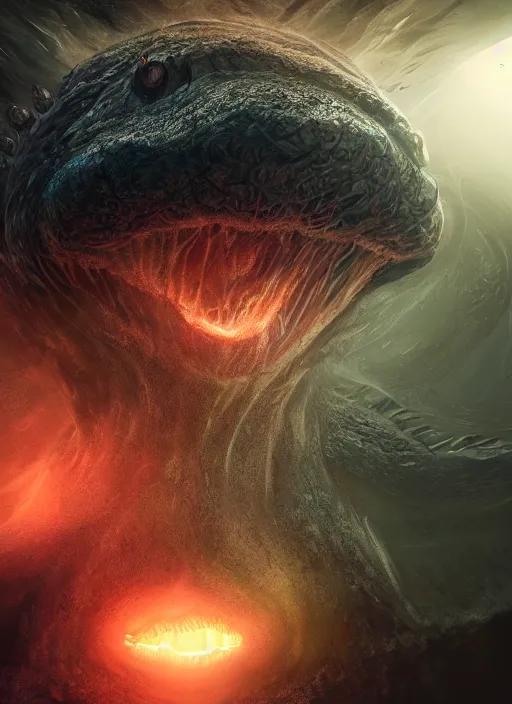 Image similar to a deep sea monster with a human face, a colossal gigantic deep sea creature, concept art, behance hd, artstation, deviantart, global illumination, radiating, a glowing aura, ray tracing, hdr, render