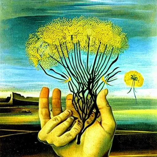 Image similar to a hand with dandelions growing out of it, by salvador dali