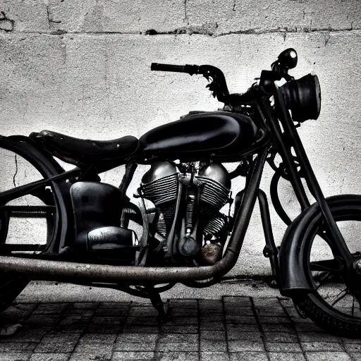 Prompt: An old, cool ,black motorcycle parked on the street at noon,digital art, 8k, award winning , beautiful lightning