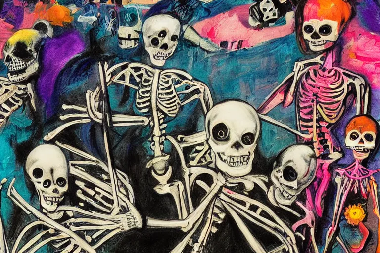 Image similar to scene from surfing, day of the dead, cyber skeleton, neon painting by otto dix