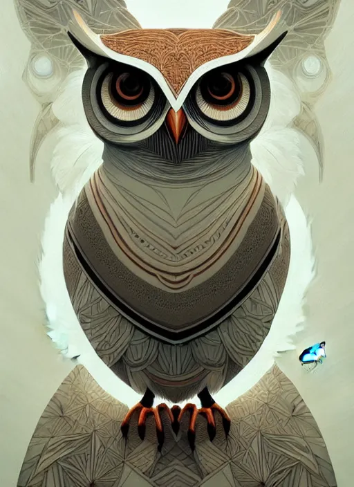 Image similar to portrait of a geometric owl, identical eyes, medium shot, illustration, full body made of white feathers, symmetrical, art stand, super detailed, cinematic lighting, and its detailed and intricate, gorgeous, by peter mohrbacher