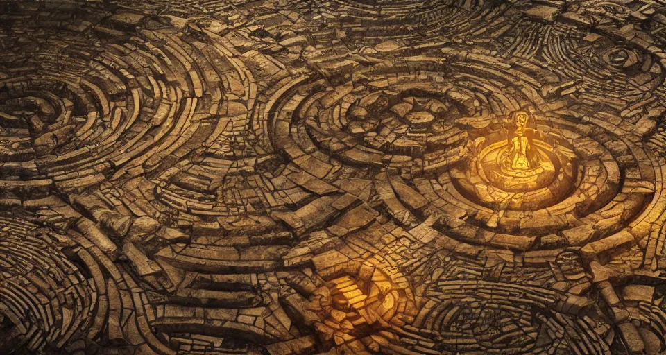 Image similar to circular labyrinth made out of bones, art deco medieval style, grimdark vibes, golden skeleton statue in center of labyrinth, abandoned vibes, gloomy moody clouds, god sun rays, complimentary color scheme, G liulian Art style, dynamic lighting, highly detailed, cinematic landscape, octane render, unreal engine