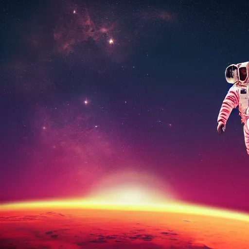 Image similar to A wide angle shot from below of a female astronaut with a feminine body walking with swagger towards camera on mars in an infinite universe , synthwave digital art