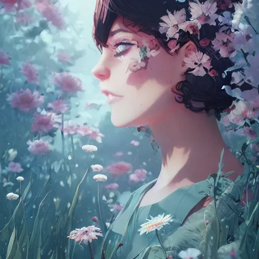 Image similar to kittens in flowers, intricate complexity, by greg rutkowski, artgerm, ross tran, conrad roset, takato yomamoto, ilya kuvshinov. 4 k, beautiful, cinematic dramatic atmosphere