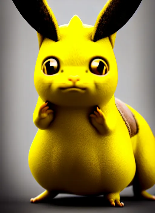 Image similar to closeup portrait of pickachu, depth of field, zeiss lens, detailed, symmetrical, centered, fashion photoshoot, by Annie Leibovitz and Steve McCurry, Breathtaking, 8k resolution, extremely detailed, beautiful, establishing shot, artistic, hyperrealistic, fur, octane render