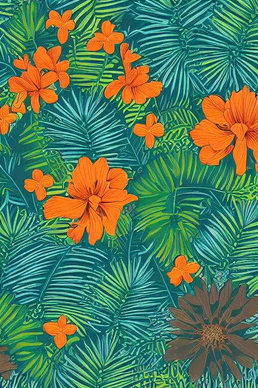 Prompt: Intricate detailed vector illustration of tropical flowers and green reeds, multiple cohesive colors ranging from warm blue to oranges on a ((very dark background)), 4K resolution