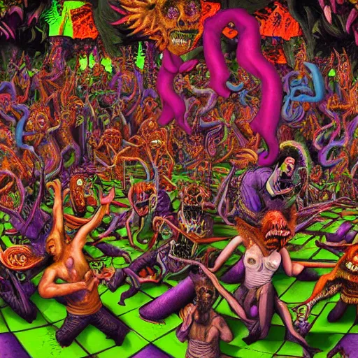 Image similar to digital painting of demons in rave party in hell by Chor Boogie, intricate details, ultra detailed, 4K, award-winning, touch of M. C. Escher