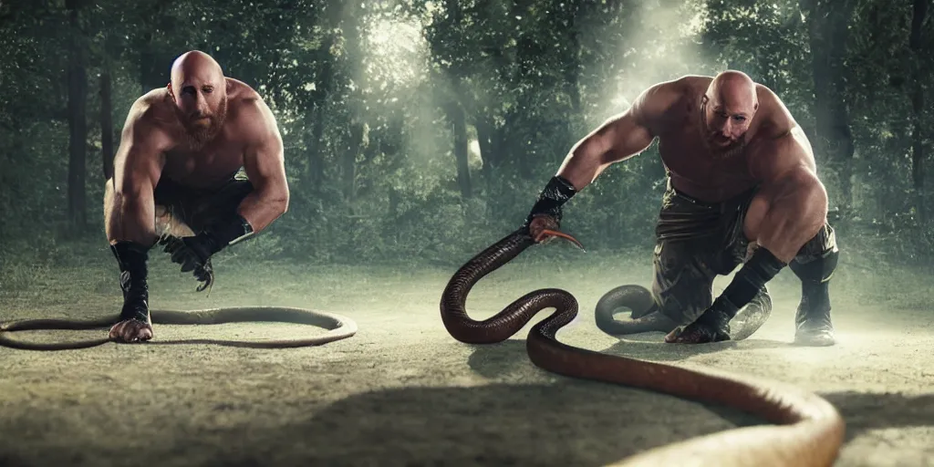 Image similar to The Ryback fighting a snake outdoors, hyperrealistic, photorealistic, ultra hd, cinematic lighting, award-winning, 4k, beautiful color, high quality, high textured, lens flare