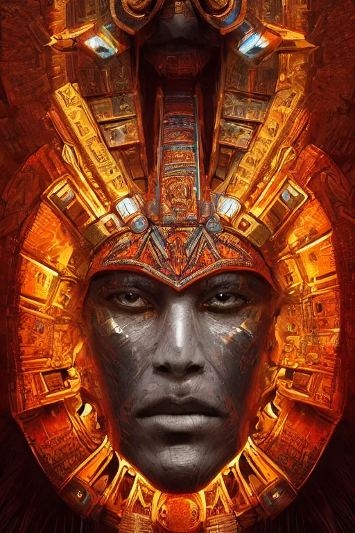 Image similar to aztec god, close - up portrait, powerfull, intricate, elegant, volumetric lighting, scenery, digital painting, highly detailed, artstation, sharp focus, illustration, concept art, ruan jia, steve mccurry