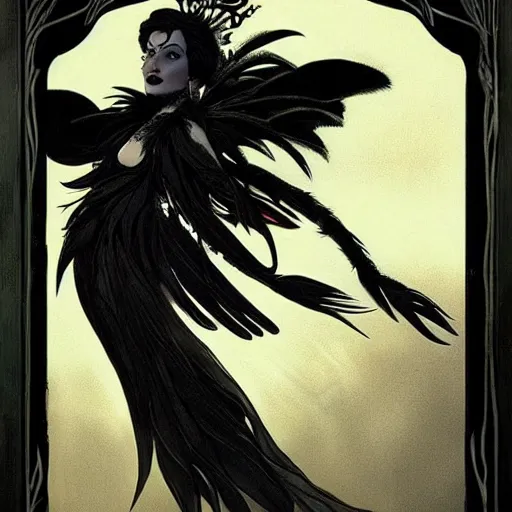 Image similar to dark swan queen, black hair, black feathers instead of hair, gothic, red lips, feathers growing out of skin, black fingers with black claws, bird feet, black bodysuit, disney villain, dark fae, moulting, suspended in zero gravity, on spaceship with cables hanging down, highly detailed, mucha, mike mignogna, comic book, illustration