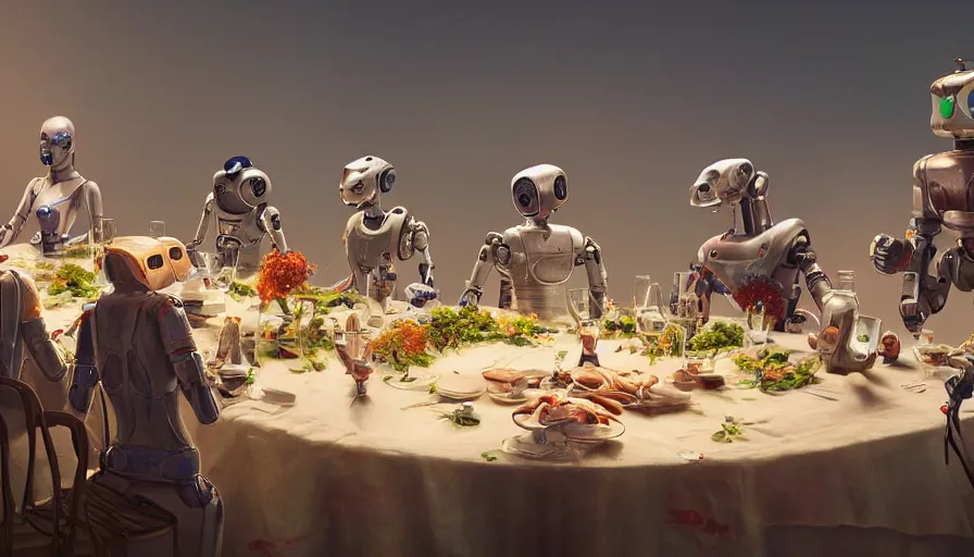 Image similar to a table dinner of robots where robots are dressed like the characters from the midsommar movie, realistic detailed digital art by maxwell boas jessica rossier christian dimitrov anton fadeev trending on artstation cgsociety rendered in unreal engine 4 k hq