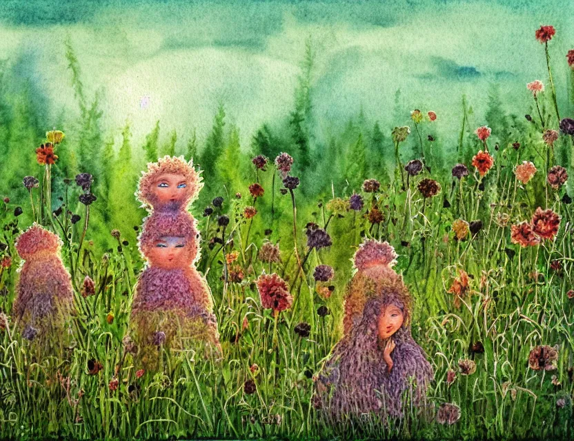 Image similar to feral chia pet in the meadow. russian fairytale art, watercolor, backlighting