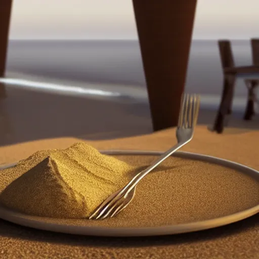 Image similar to a hyperdetailed fork made of sand, 3 d render, ultra high detail, octane render, rtx, hdr, the fork has a sand texture, the fork is on a plate, the plate is on a wooden table.